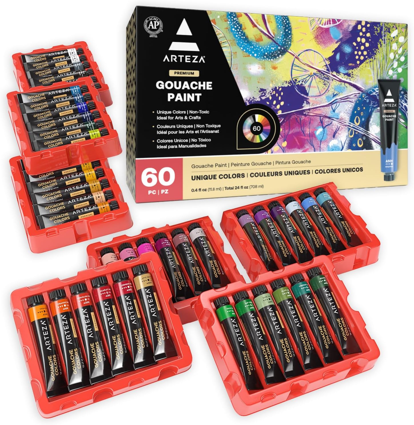 ARTEZA Gouache Paint Set of 60, 12ml Tubes