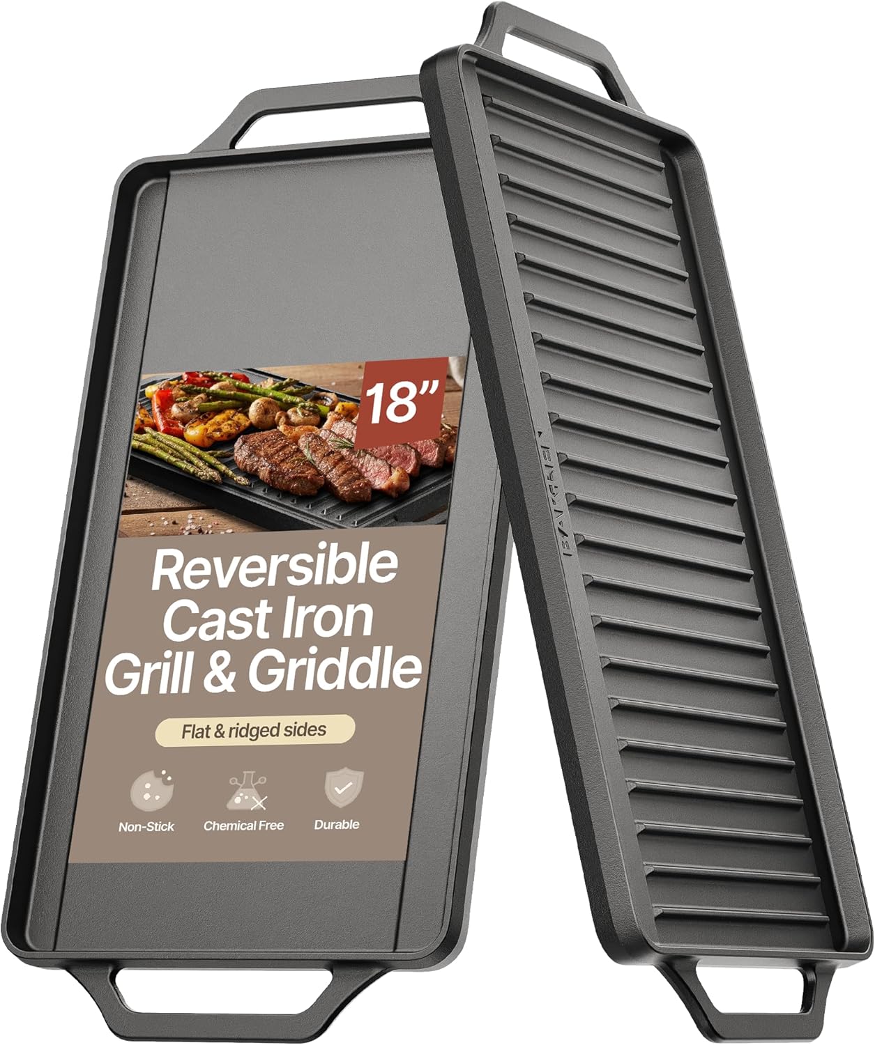 Bakken 18" Reversible Cast Iron Griddle, Flat & Grill Side, Dual Burner Cooking Plate for Pancakes, Meats & Veggies, Pre-Seasoned, Nonstick, Oven & Campfire Safe, Heavy-Duty Griddle Top with Mitt