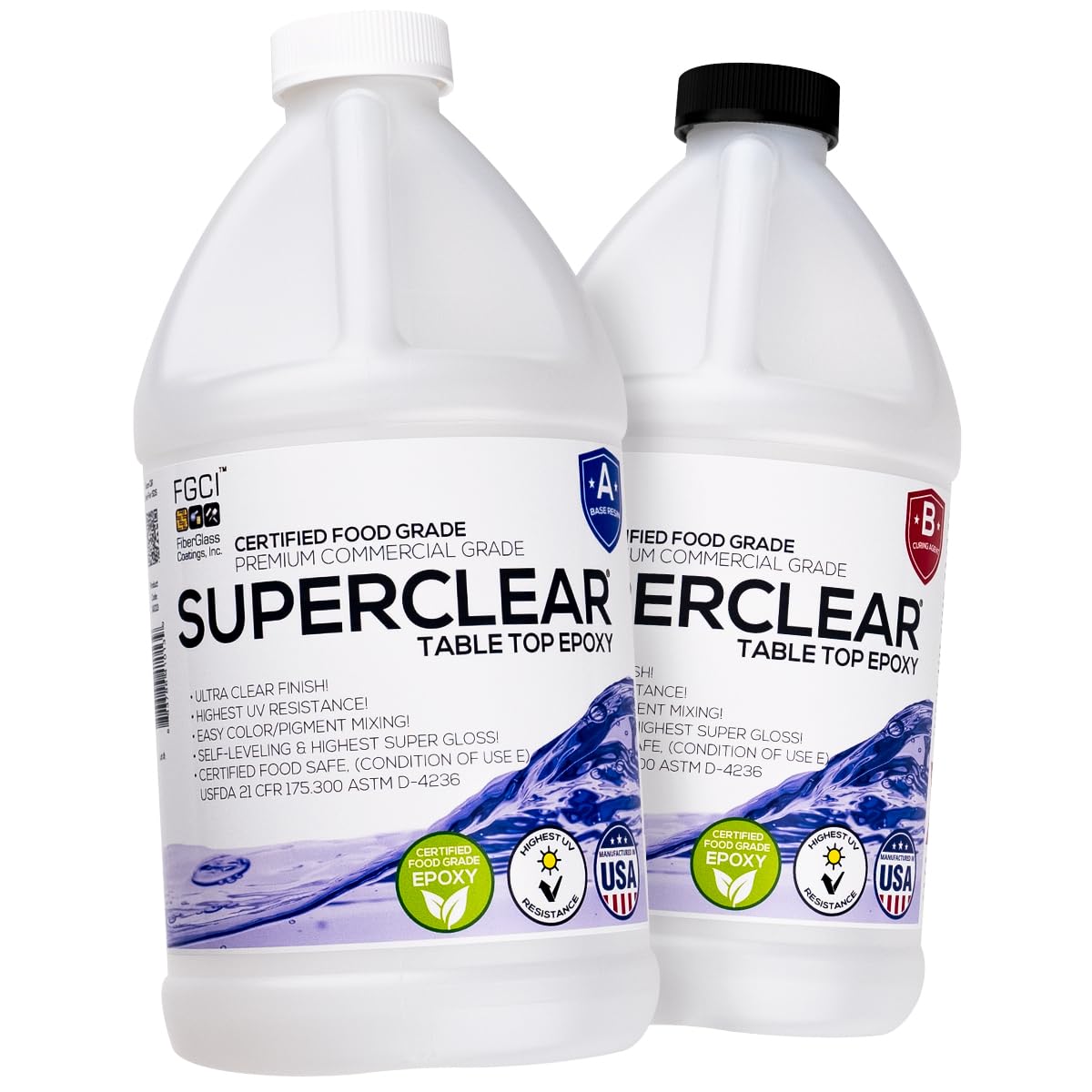Superclear Table Top Epoxy Resin Superclear 1 Gallon | 128 oz Kit, Anti-Yellow Highest UV Impact Resistance, Food Grade Safe, Ultra Crystal Clear Gloss, Bubble Free, Bar & Surface Coat, Tumblers, Wood, DIY