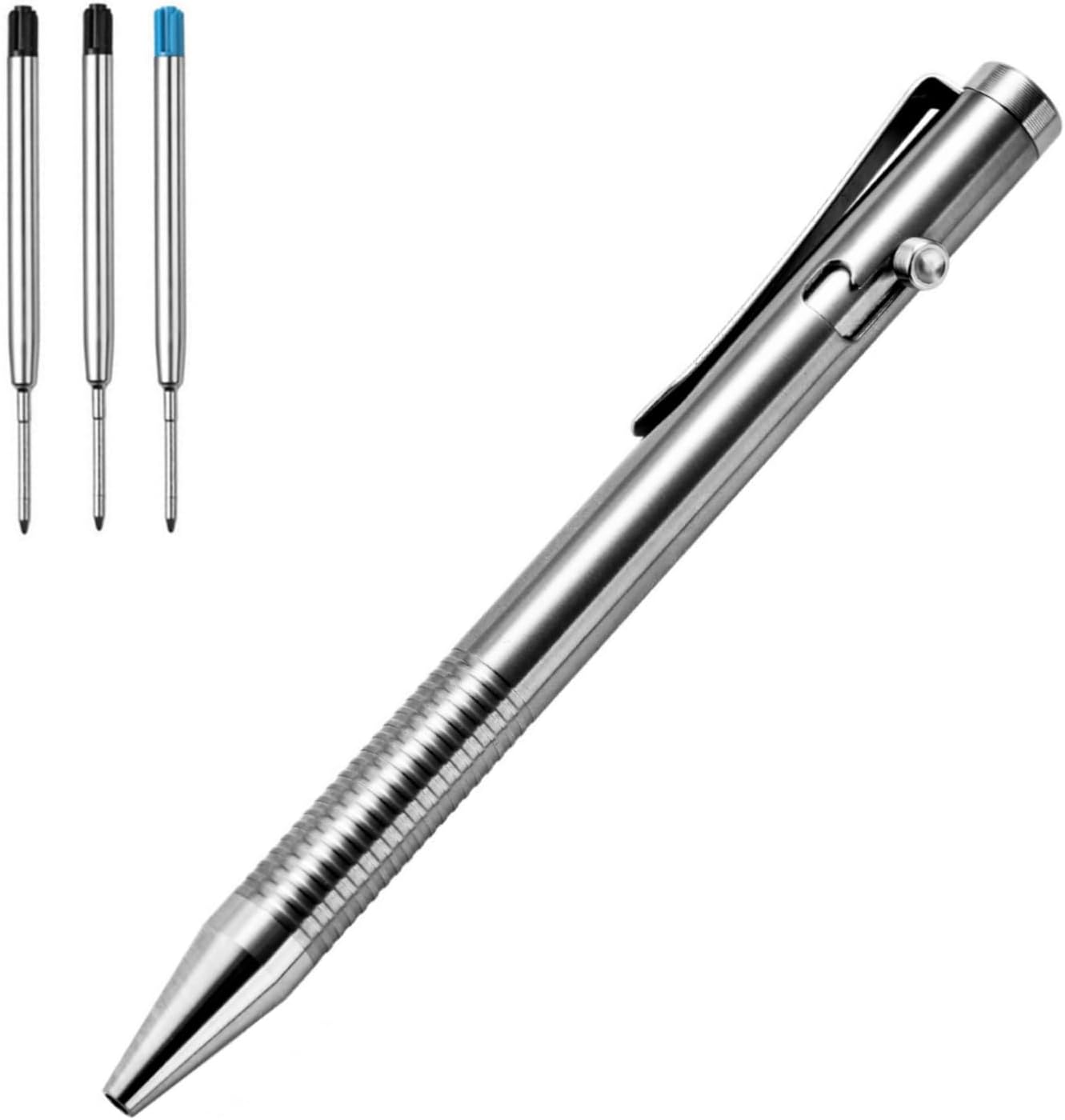 Generic Titanium Alloy Bolt Action Pen Silver Color Compatible with Parker Refill Stainless Steel Pen Clip EDC Pocket Business Collection Ballpoint Pen with 3 Extra Refills in Gift Box (LA006)
