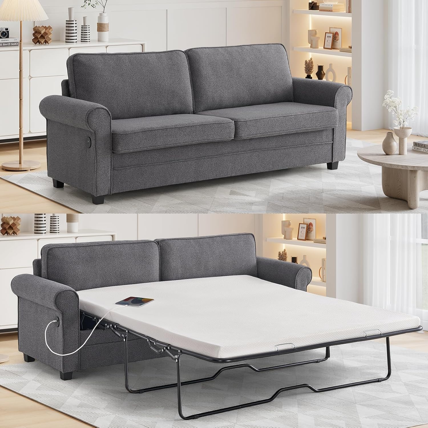 ONBRILL Pull Out Sofa Bed, 2-in-1 Queen Size Sleeper Sofa Couch with Pull Out Mattress with USB Port, Convertible Couch for Small Spaces, 83" Loveseat Sleeper Bed for Living Room, Bedroom,Dark Grey