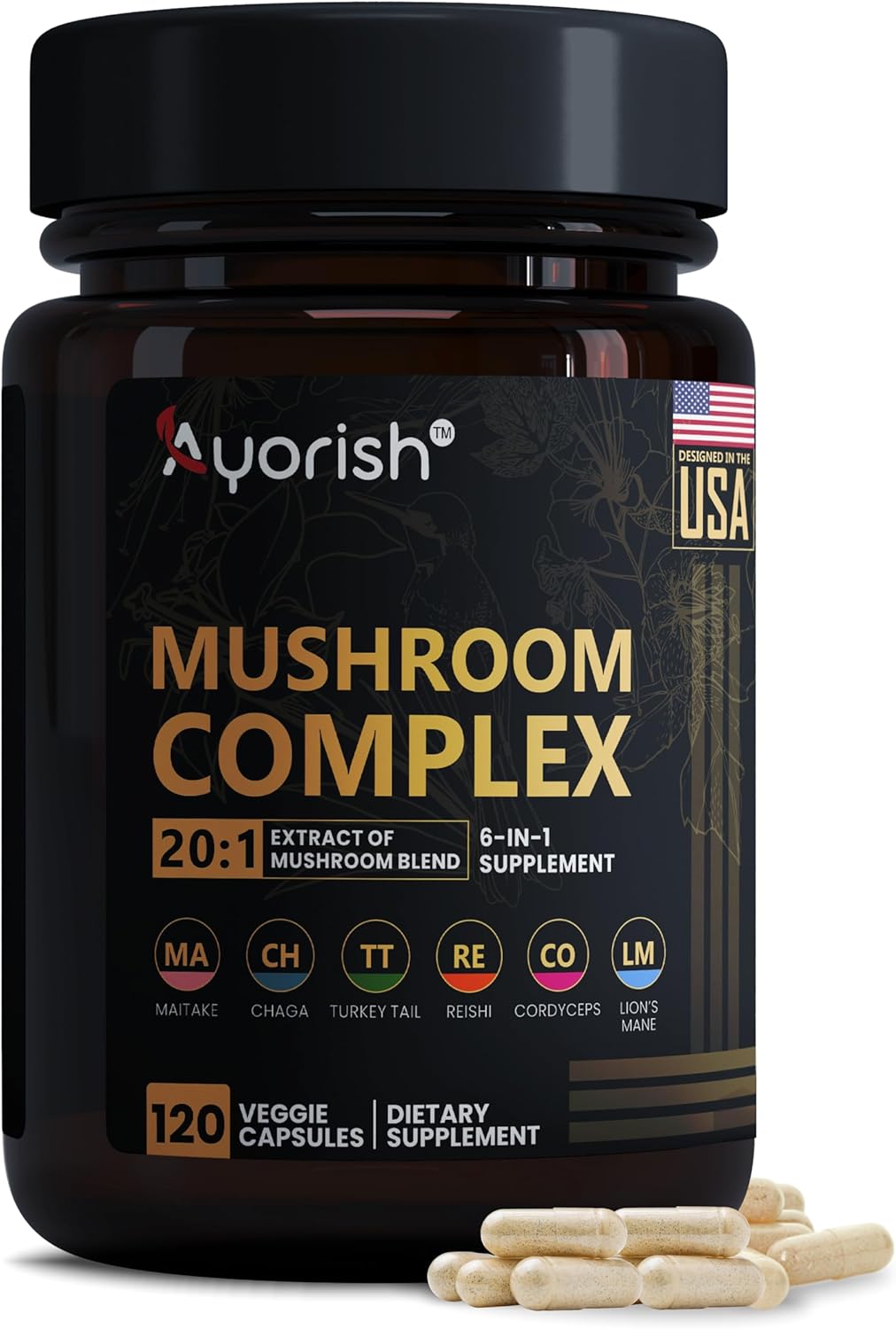 Ayorish Lions Mane 6 in1 Mushroom Supplement with Turkey Tail Reishi Cordyceps Chaga Maitake Meshima Poria Cocos Shiitake Oyster Porcini Enoki 120 Count
