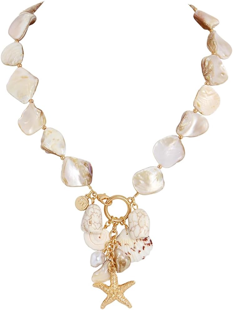 Firstmeet Natural Freshwater Shell Choker with Pearl Starfish Turquoise Pendant Mermaid Beach Vacation Necklace for Women(XL-1222-Nature)