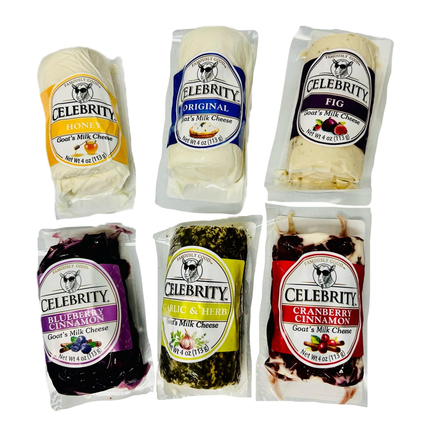 Celebrity Goat cheese by Celebrity | 6 flavor pack includes Fig, Cranberry Cinnamon, Honey, Blueberry Cinnamon, Original, and Garlic Herb | Goat cheese 4oz 6 pack