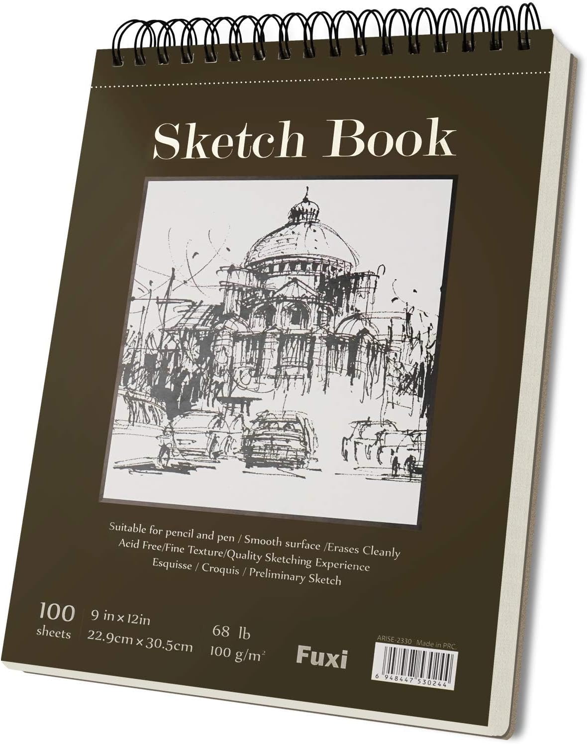 Fuxi 9" x 12" Sketch Book, Top Spiral Bound Sketch Pad, 100 Sheets 68lb/100gsm Acid-Free Drawing Paper