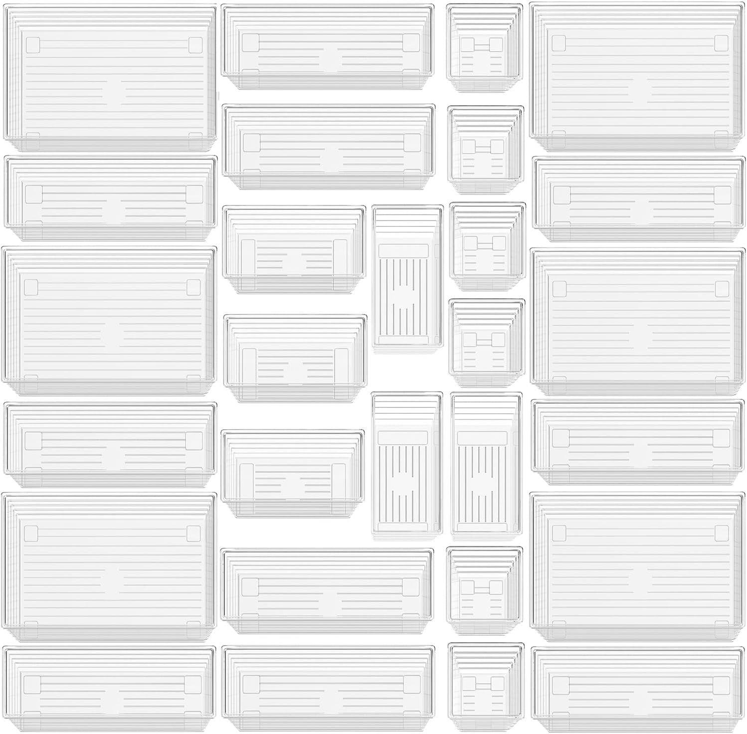 DCA 28 PCS Clear Plastic Drawer Organizer Set, 4-Size Versatile Bathroom and Vanity Drawer Organizer Trays, Storage Bins for Makeup, Jewelries, Kitchen Utensils and Office