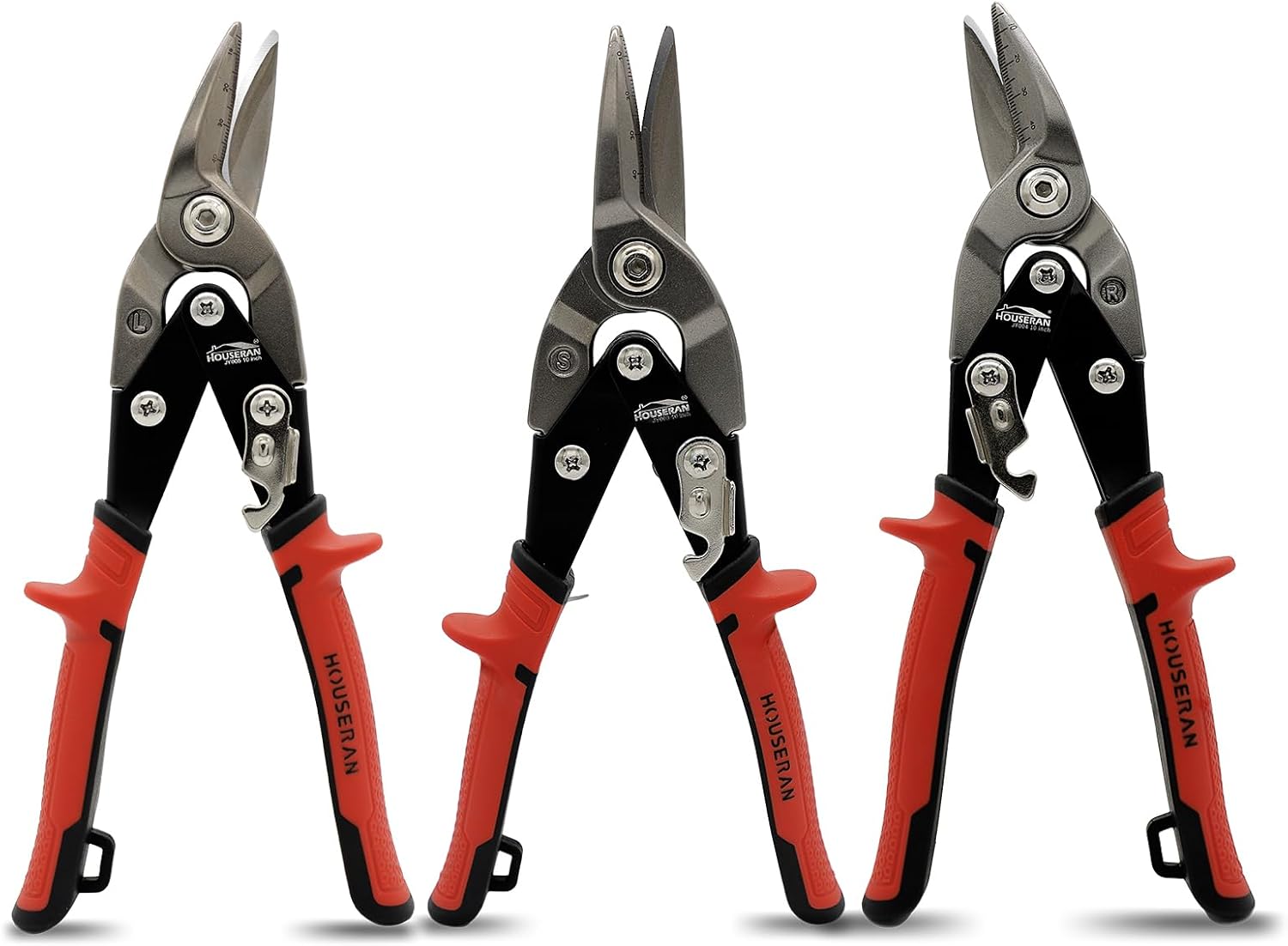 HOUSERAN 3 Pack Aviation Tin Snips Set, 10 Inch Straight, Left and Right Cut Offset Aviation Snips, Heavy Duty Tin Cutters with Scale Markings, CR-MO Steel Blade, for Cutting Metal Sheet