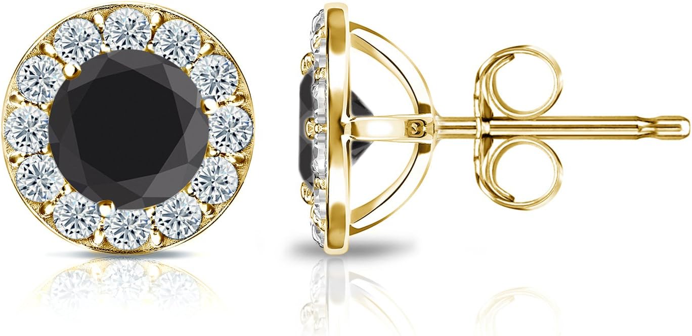 Diamond Wish 14k Yellow Gold Halo Round Black Diamond Stud Earrings (1 cttw, Black, H-I color, SI1-SI2 clarity)
