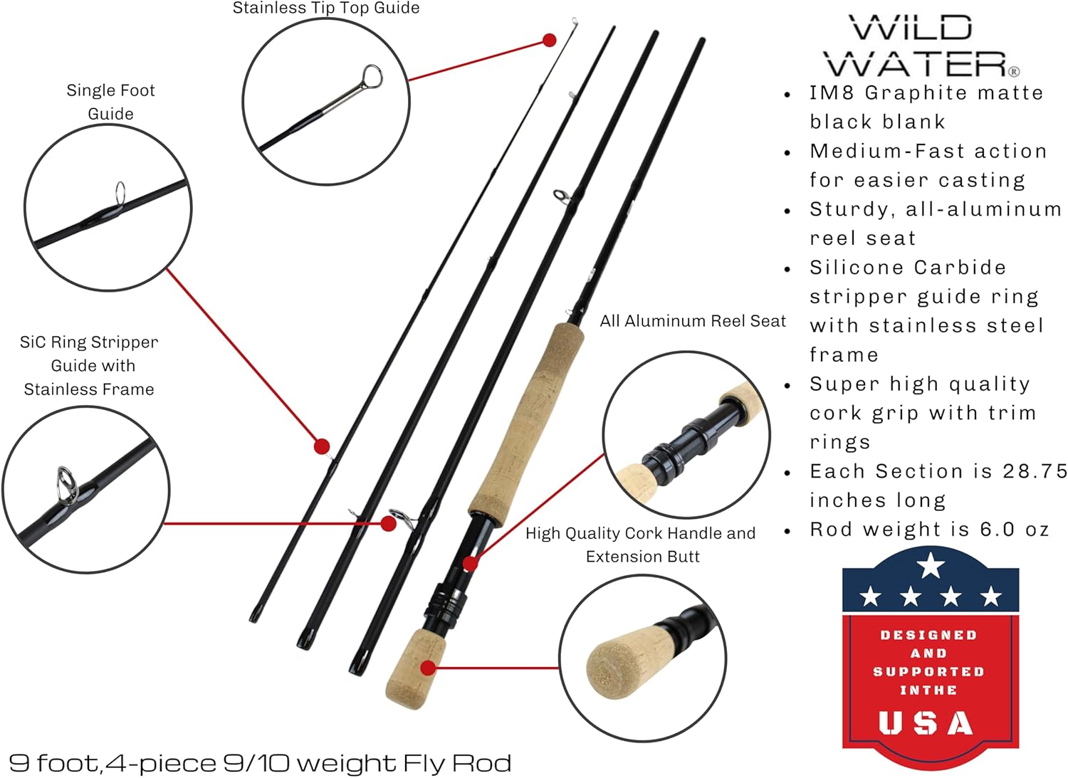 Wild Water Fly Fishing Combo Starter Kit with CNC Machined Fly Reel, 9 Foot, 4-Piece, 9/10 Weight Graphite Fly Rod with Cork Handle, Accessories, Carrying Case, Fly Box Case & Flies