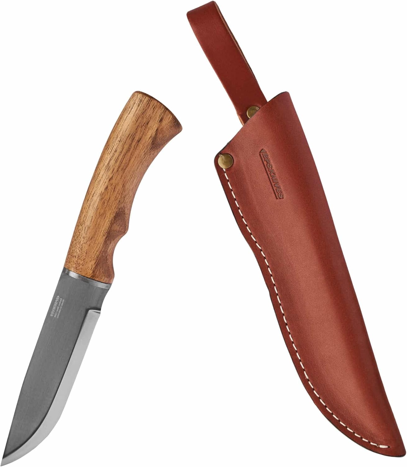 BPS Knives BK06 Camp Knife With Leather Sheath - Large Hunting Outdoor Knife Fixed Blade Stainless Steel Camping Knife EDC Scandi Grid Hard Wood Walnut Handle Fixed Blade Knives With Sheath