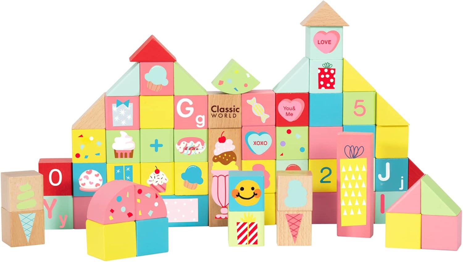 Classic World Sweet Cube Blocks 68 Piece Assorted Shape & Color Wooden Block Set for Toddlers, Multi-Colored with Cute Designs Durable, Handcrafted Natural Wood, Ages 18 Months+