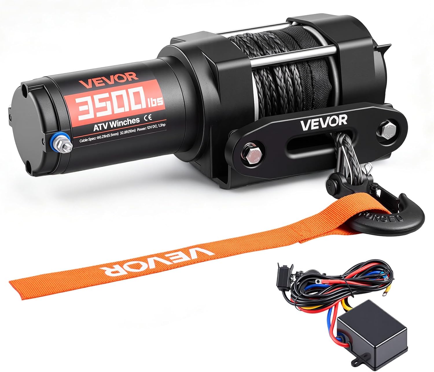 VEVOR 3500 lbs Electric Winch, 12V DC ATV/UTV Winch with Φ0.21 in x 32.8 ft Synthetic Rope & Wired Remote Control, IP55 Waterproof, Aluminum Housing Fairlead Mount Plate for Towing, Black