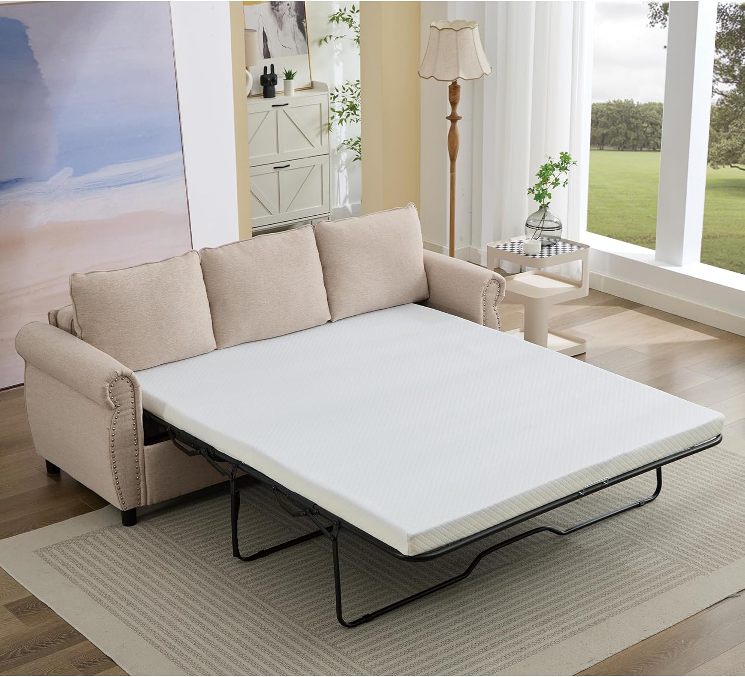 KEIKI 82" Oversized Convertible Sleeper Sofa Bed with Pull Out Queen Size Daybed and Memory Foam Mattress, 3-Seater Corner Riveted 2 in 1 Couch with Rolled Arms, Easy Assembly, for Living Room, Beige