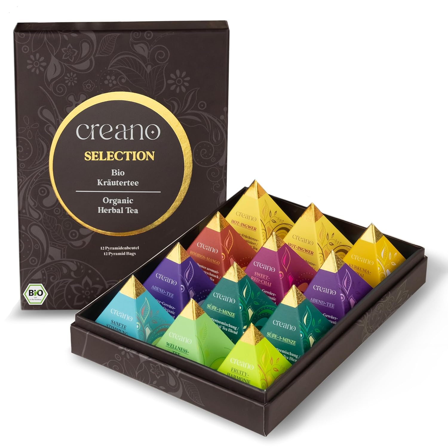 Creano Organic Herbal Tea Gift Set "Organic Herbal Tea" – 12 Pyramid Tea Bags in 9 Different Varieties – 30g*