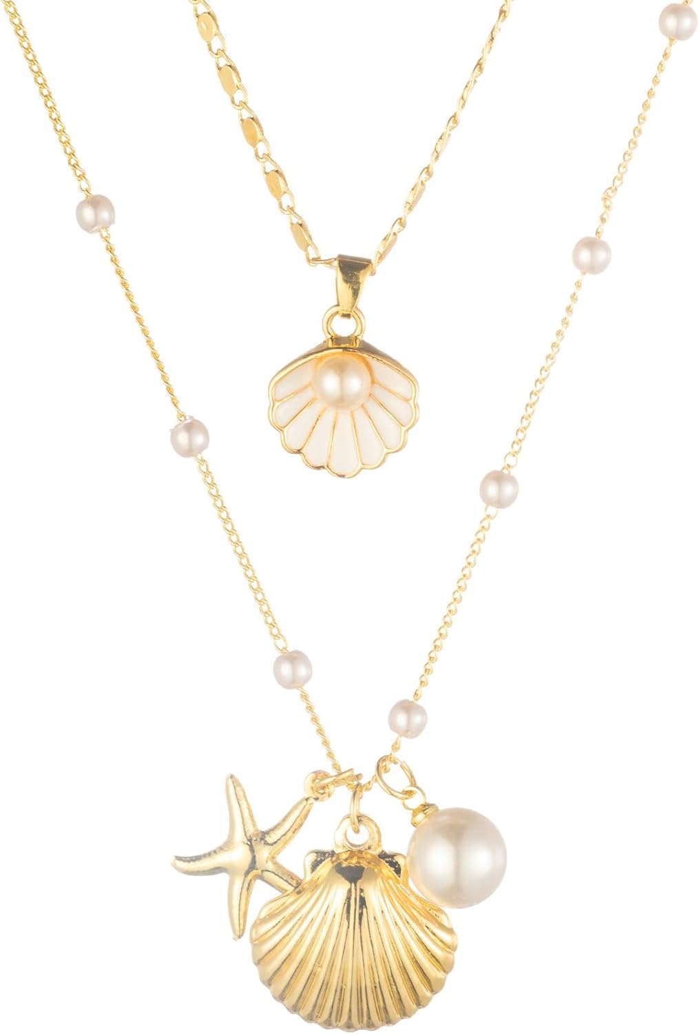 Generic/Unknown Shell Necklaces for Women 14k Gold Plated Layered Starfish Conch SeaShell Pearl Pendant Charm Necklace Adjustable Stainless Steel Chain Summer Beach Jewelry (Gold Shell)