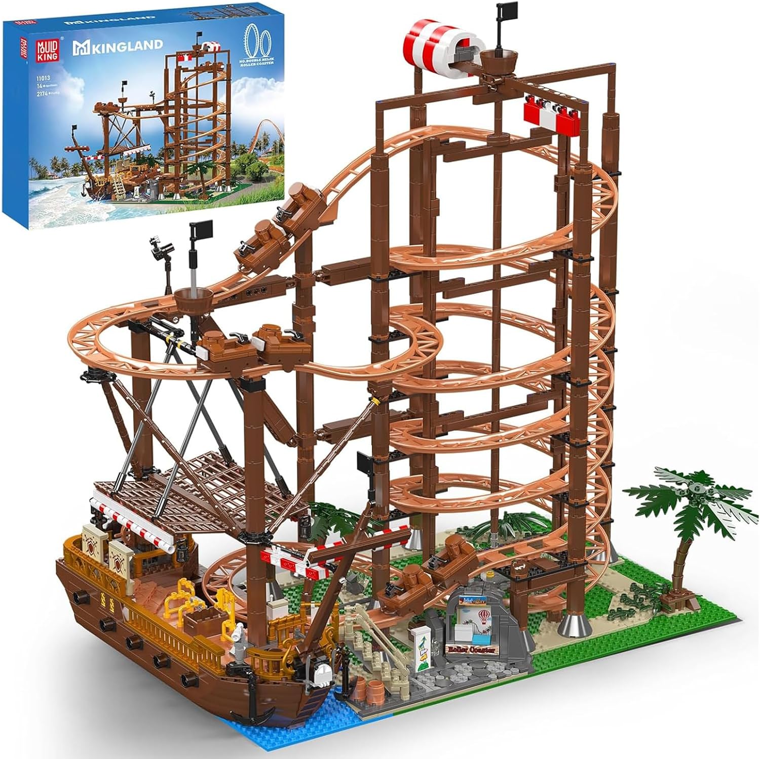 Mould King Double Helix Roller Coaster Building Set, Electrical Amusement Park Funfair Theme Track Rollercoaster with Pirate Ship, Construction Toy Building Kit Gift for Kids/Adult-2174+ Pieces