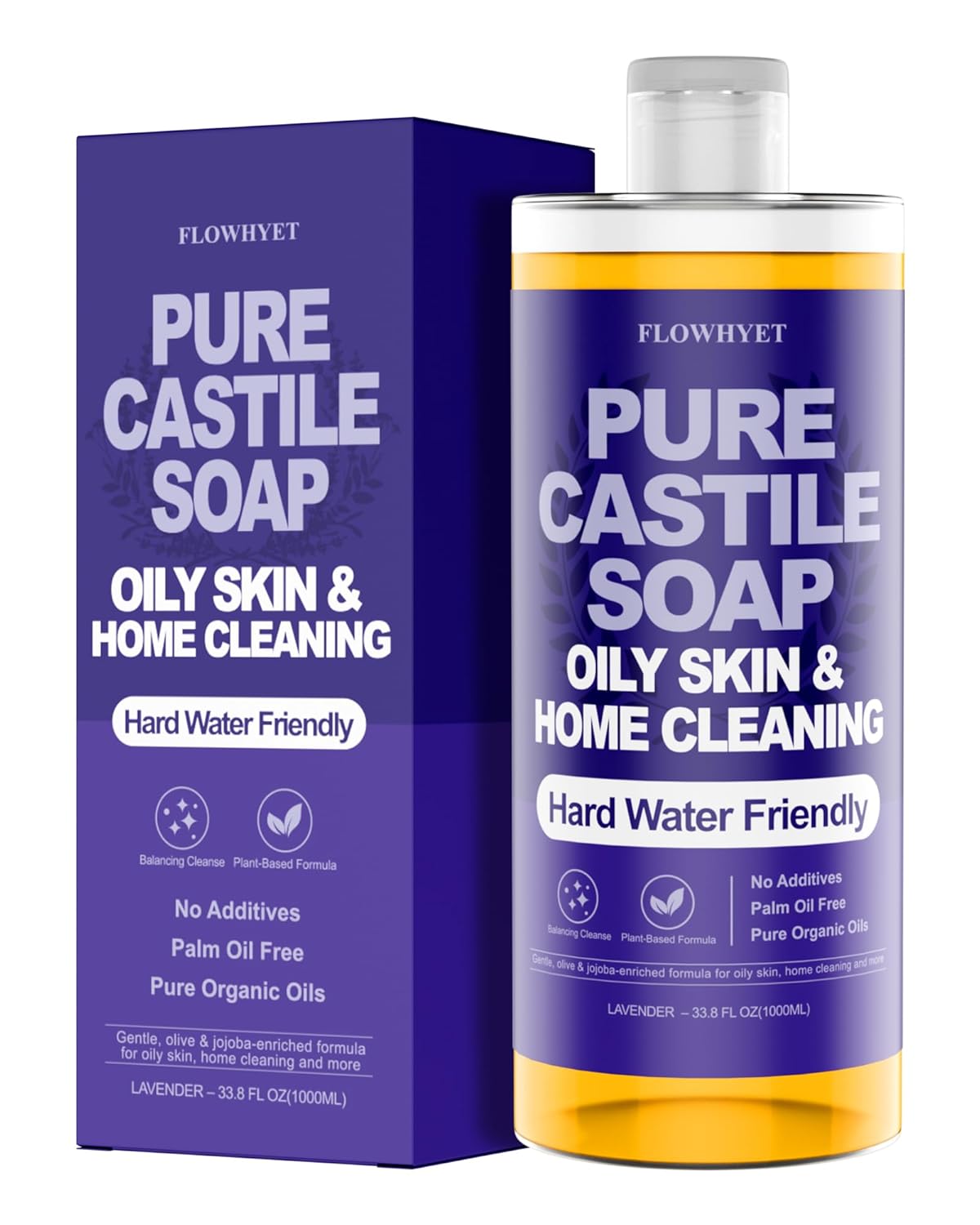 FLOWHYET Pure Castile Soap Liquid Lavender 1 Gallon (128 fl oz) Refill – Natural Organic Body Wash, Hard Water Friendly Bath Soap Liquid for Oily Skin,Body,Face, Laundry & Home Cleaning