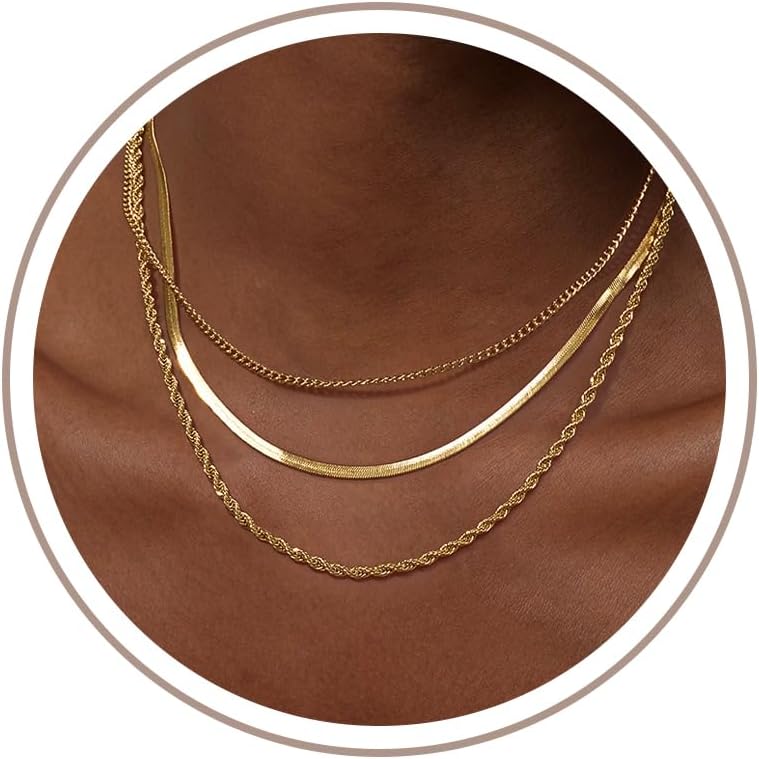 Freekiss Gold Herringbone Necklace for Women: Layered Chain Necklaces Dainty 14k Gold Plated Snake Cuban Rope Choker Necklace Stack Simple Chunky Womens Jewelry Gift