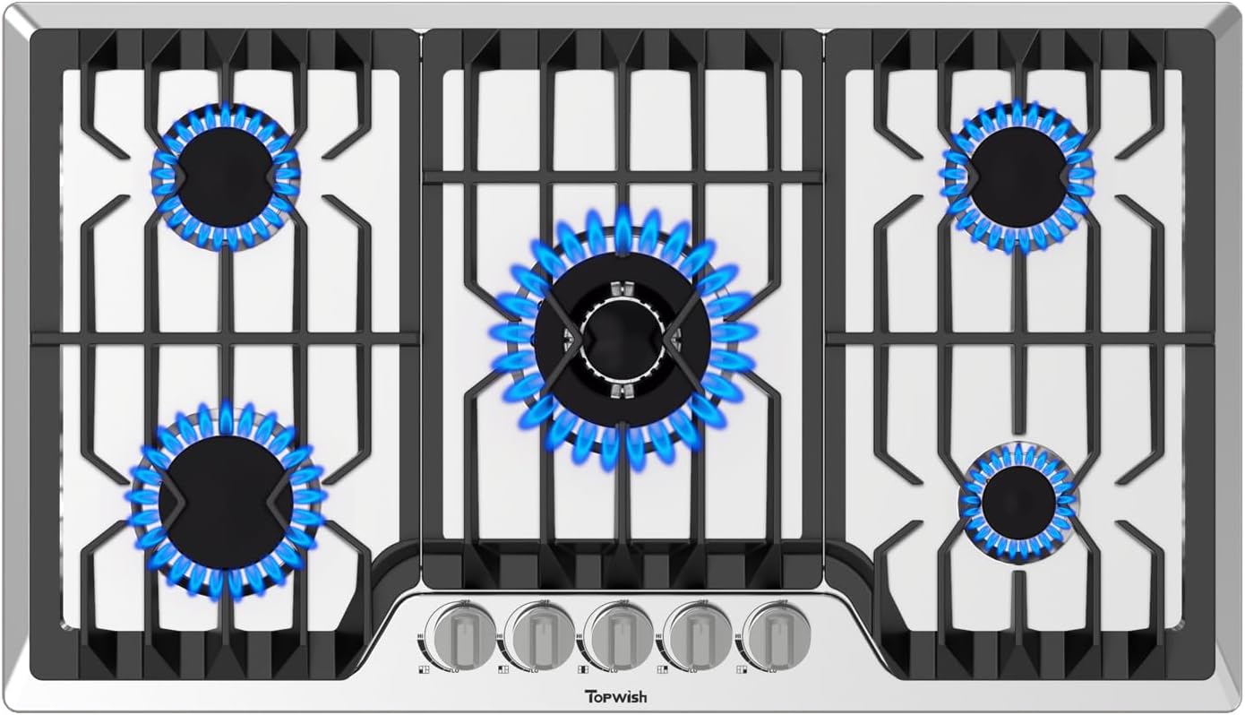 TOPWISH 36 Inch Gas Cooktop, Propane Stove Top with 5 ITALY SABAF Sealed Burners