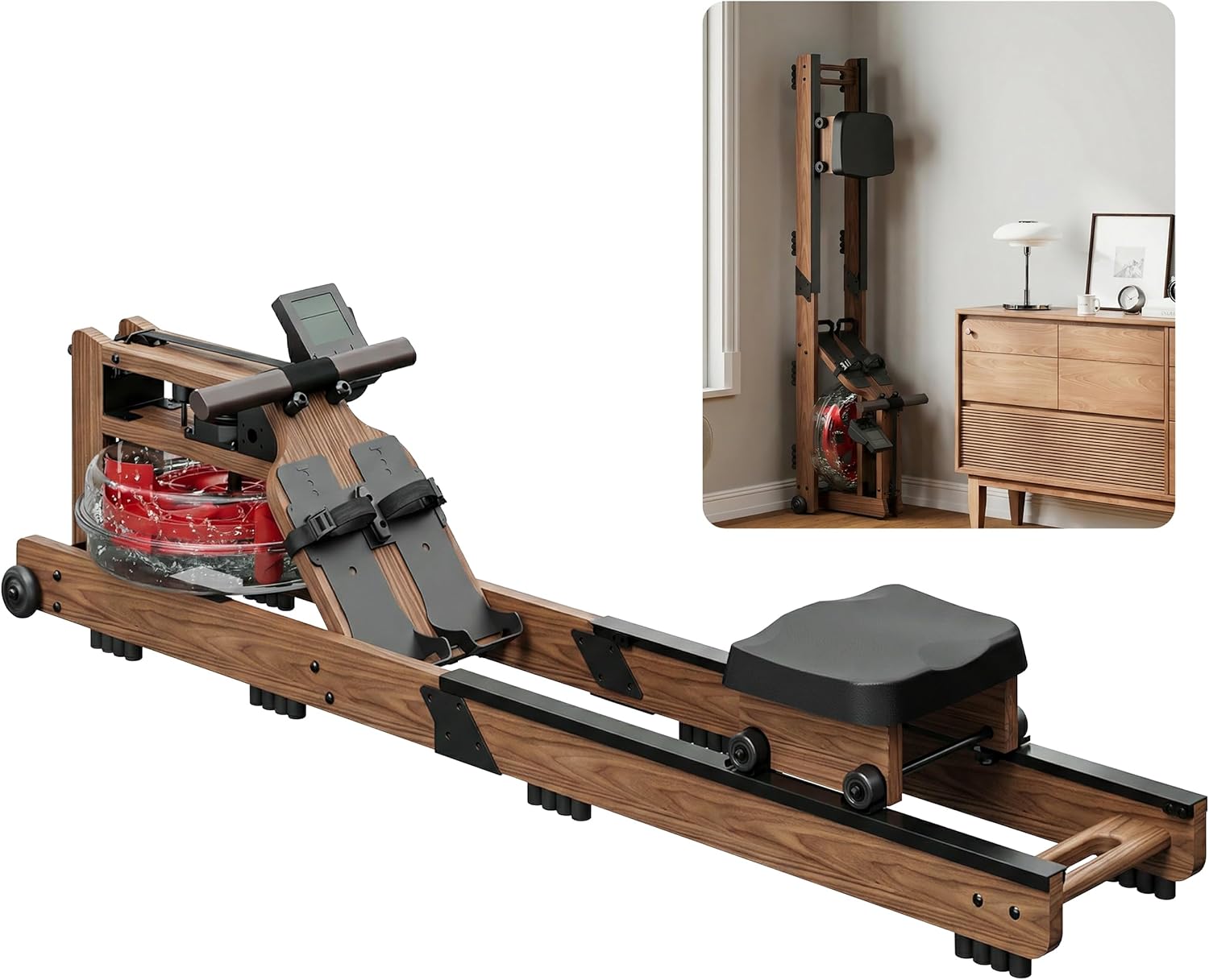 CABZOON Water Rowing Machines for Home Wooden Row Machine with 400LBS Weight Capacity，Dedicated Monitor,Tablet Holder Large Water Tank,Bluetooth APP and Comfortable Seat