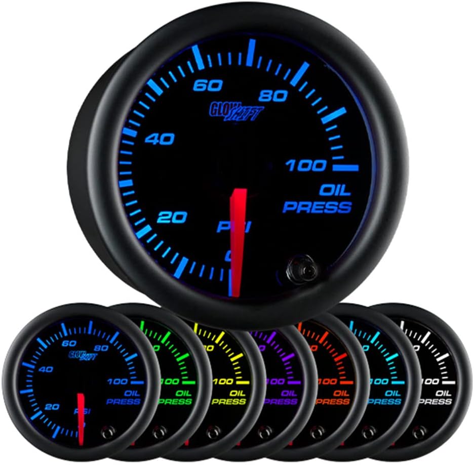 GlowShift Black 7 Color 100 PSI Oil Pressure Gauge Kit