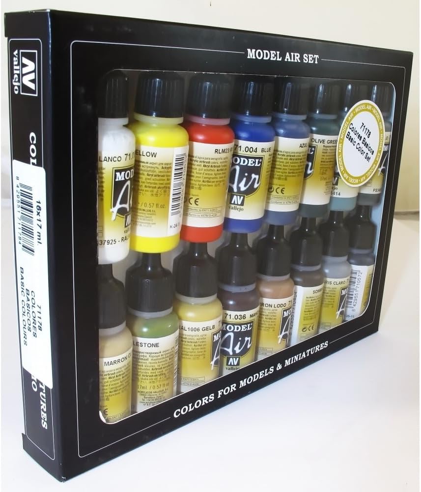 Vallejo Basic Colors: Acrylic 16 Airbrush Paint Set for Model & Hobby 71178