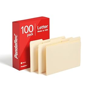 Pendaflex File Folders, Letter Size, Classic Manila, 1/3-Cut Tabs, 100/Box (65213)