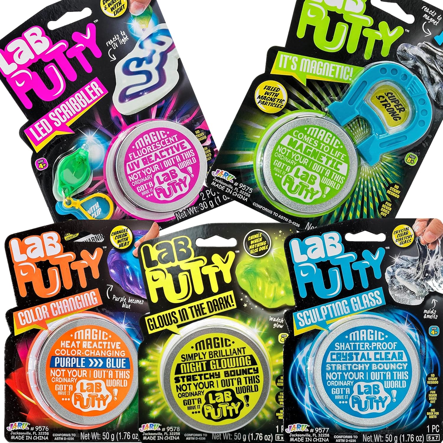 JA-RU Lab Putty Assorted 5-Pack (Magnetic, Glow, Color-Changing, UV, Clear)