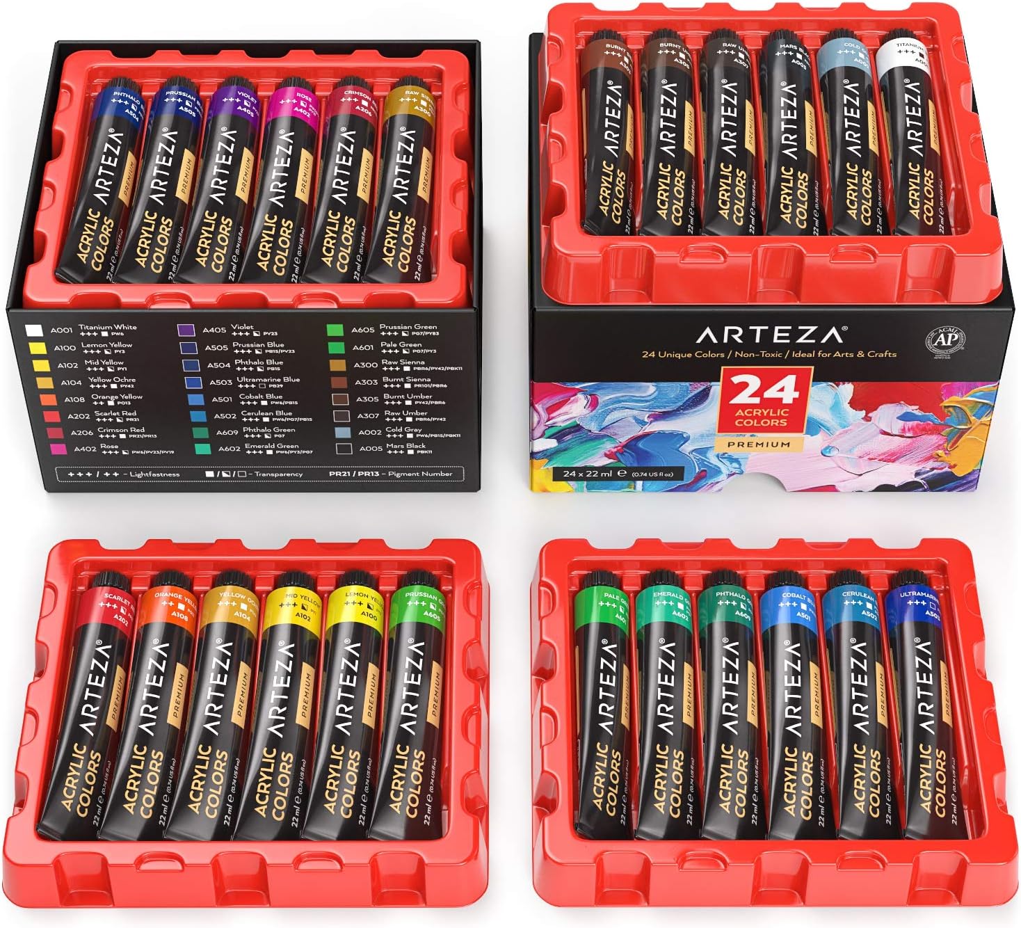 ARTEZA Acrylic Paint Set 24 Colors, 0.74 oz Tubes