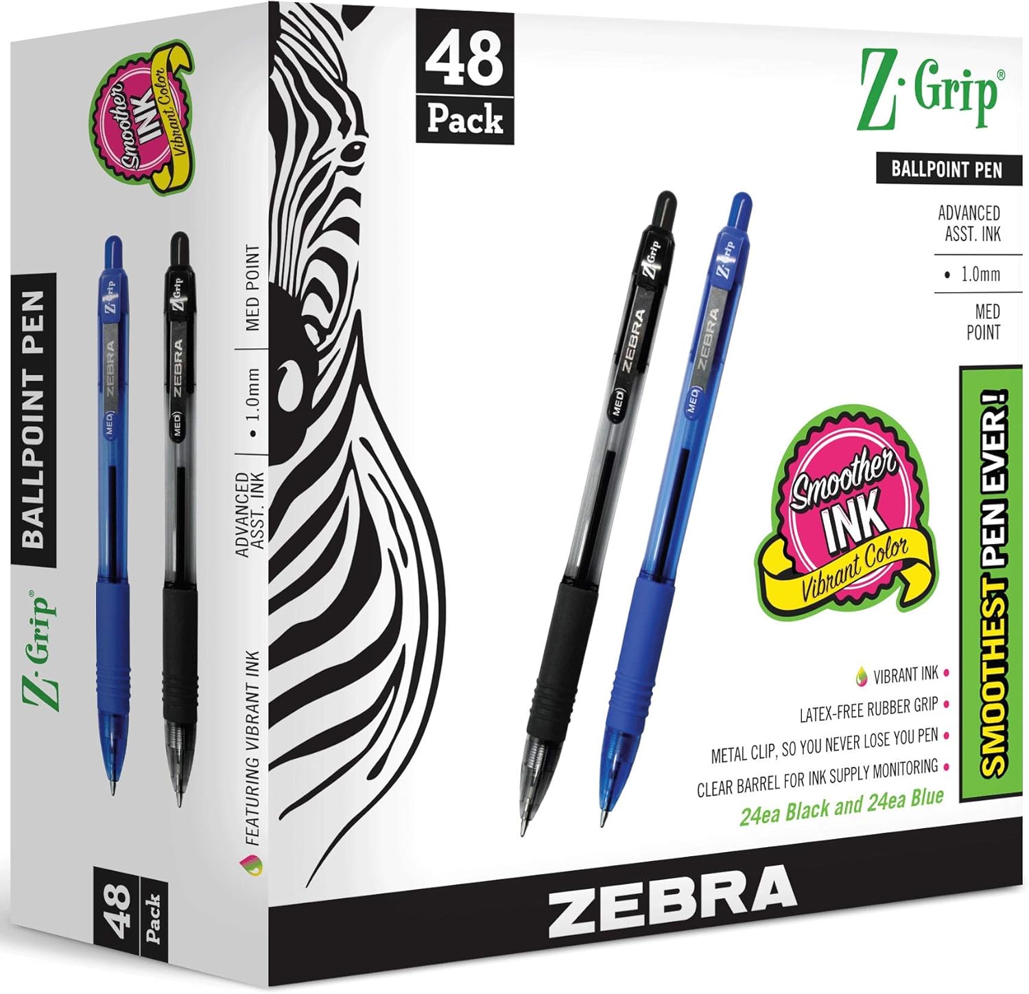 Zebra Pen Z-Grip Retractable Ballpoint Pens, 48-Pack (24 Black + 24 Blue)