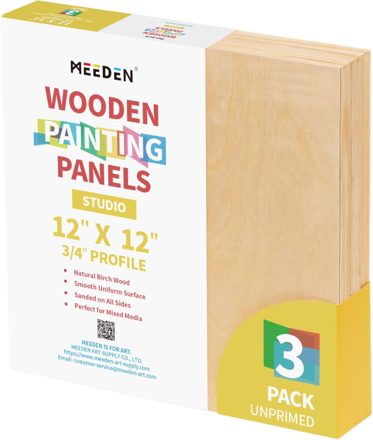 MEEDEN Wood Canvas Panels, 3 Pack of 12×12 Inch Birch