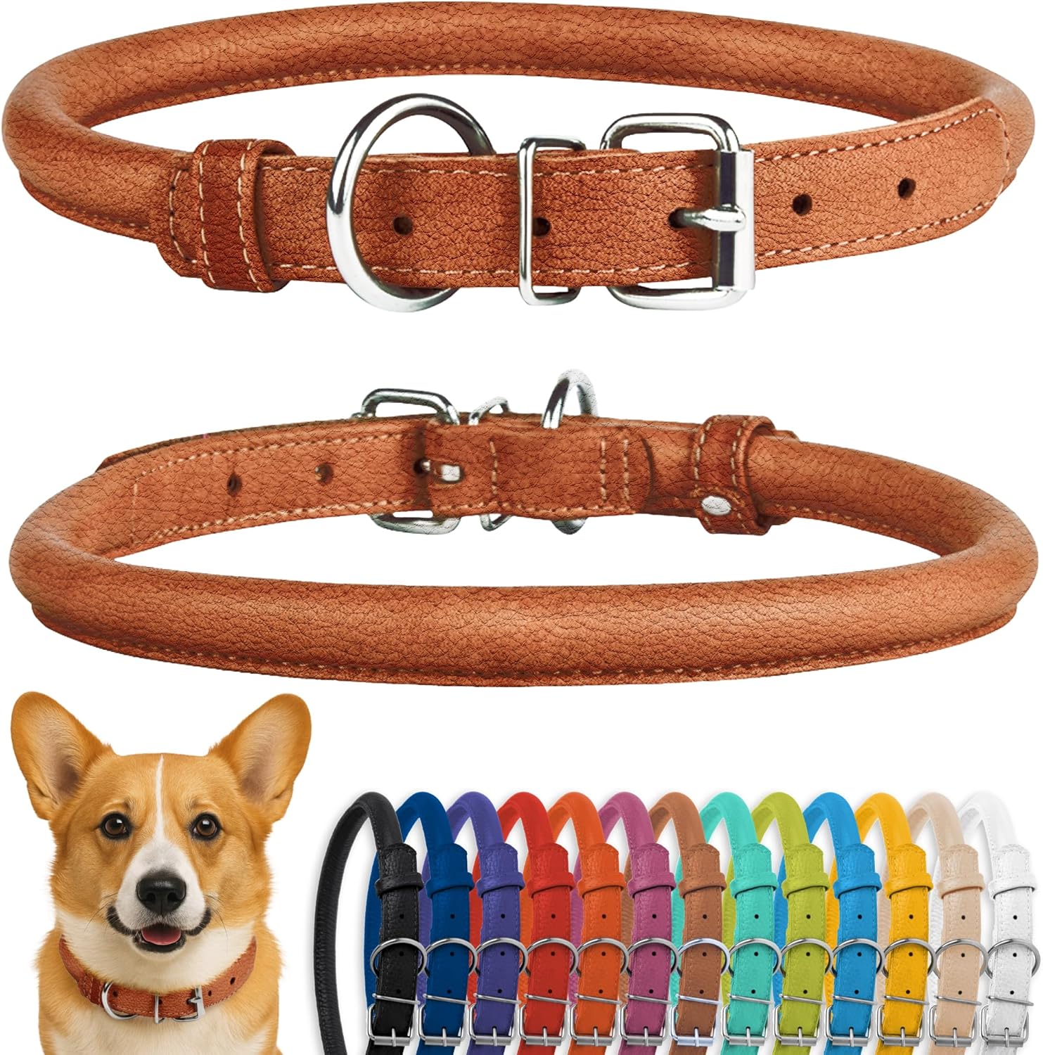CollarDirect Rolled Leather Dog Collar — Soft Padded Genuine Leather, 11-14 Inch