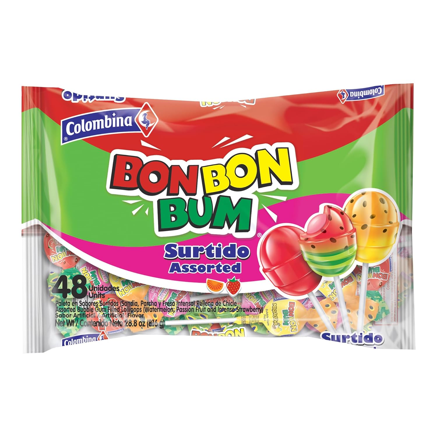 Colombina Bon Bon Bum Assorted Lollipops, 48 Count
