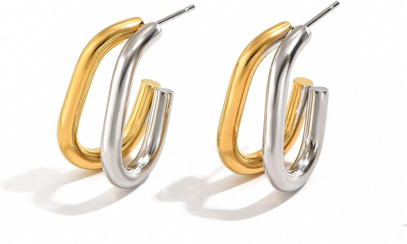 Chunky Gold and Silver Two Tone Hoop Earrings Mixed Metal Geometric Huggie Earrings
