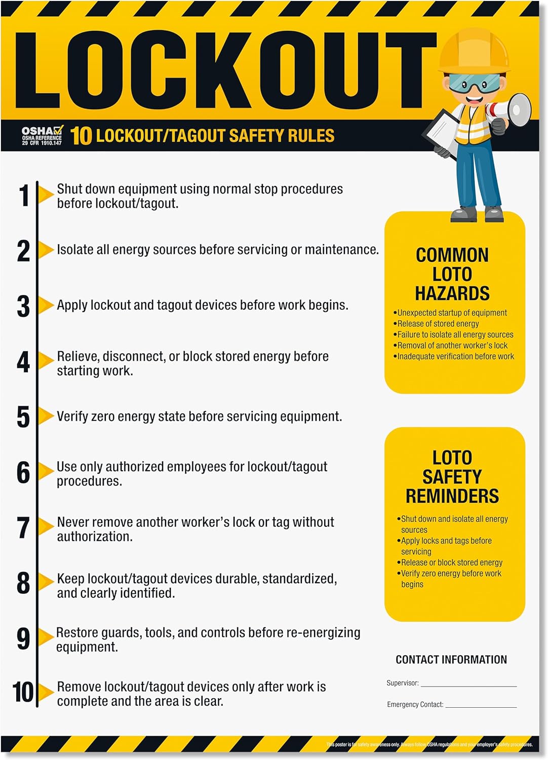 Lockout Tagout Poster – OSHA LOTO Guide Chart, 10 Rules Safety Sign
