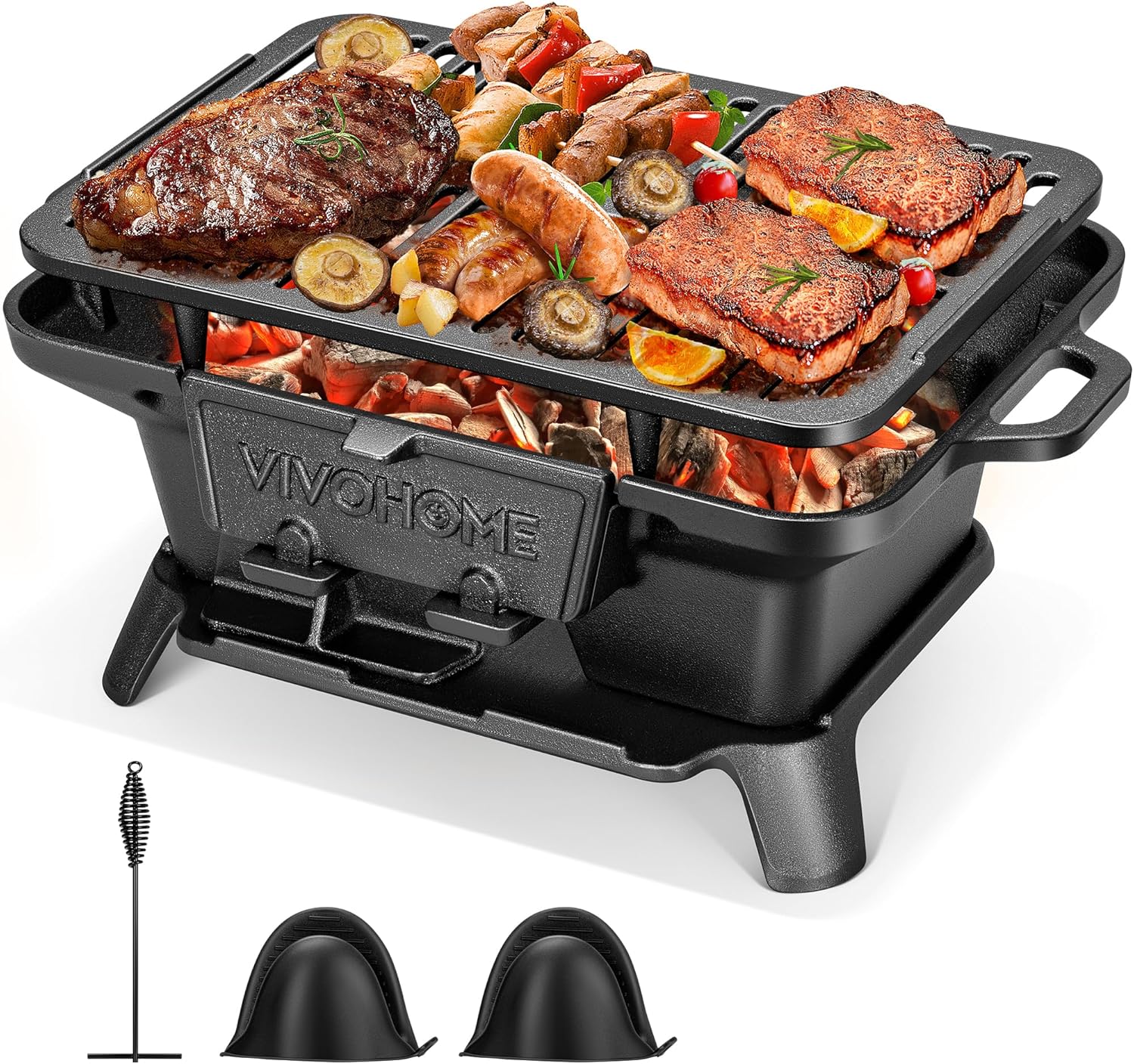 VIVOHOME Rectangle Cast Iron Charcoal Grill with Double-Sided Grate, Portable Outdoor BBQ Grill, Compact Tabletop Grill Stove