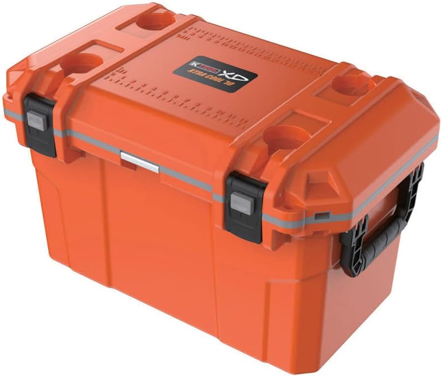 K Tool International XD70 Xtra-Cool Insulated Cooler, 70 Quart, Polypropylene, (4) Cup Holders with Drainage, Stainless Steel Bottle Opener, Side Handles, Non-Skid Rubber Feet, BPA Free, Orange/Grey