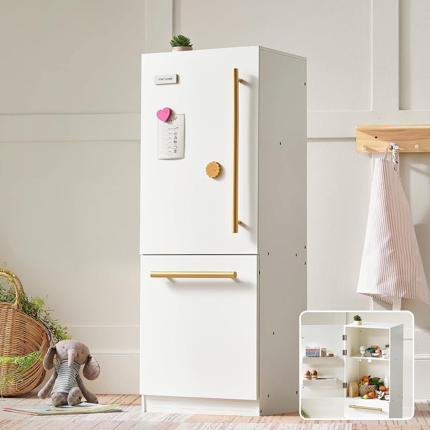 Tiny Land Wooden Toy Fridge with Spacious Storage, Realistic Play Kitchen Refrigerator for Kids' Pretend Play with Three Freezer Magnets