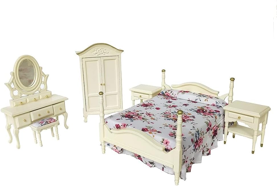 iLAND Wooden Dollhouse Furniture 1/12 Scale, Dollhouse Bedroom Furniture in Cream Color Dollhouse Bed & Dressing Table & Wardrobe Gifts for Girls Kids(Elegant Miniature Furniture 6pcs)