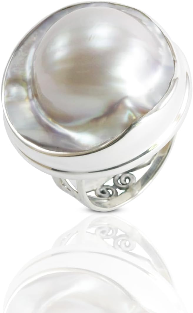 Handmade RARE 20 mm genuine BLISTER mabe pearl set in Handmade ring 925 sterling silver, large blister pearl ring bezel set (7)