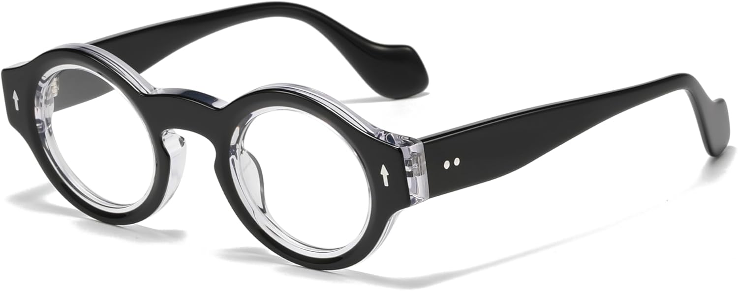 JOLLYNOVA Yuki Vintage Acetate Glasses Frame Prescription for Women Men Round Thick Eyeglasses Frames (Black)