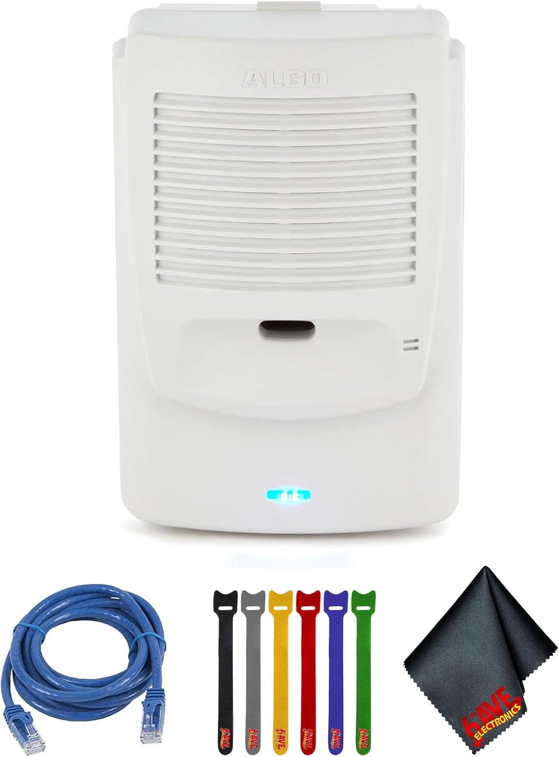 Algo 8180 PoE IP Paging and SIP Loud Ringer Indoor Audio Alerter, Wideband IP Speaker for Voice Paging, Emergency Alerting Bundle with Ethernet (RJ-45) Cable, Cable Ties, 6th Avenue Fiber Cloth