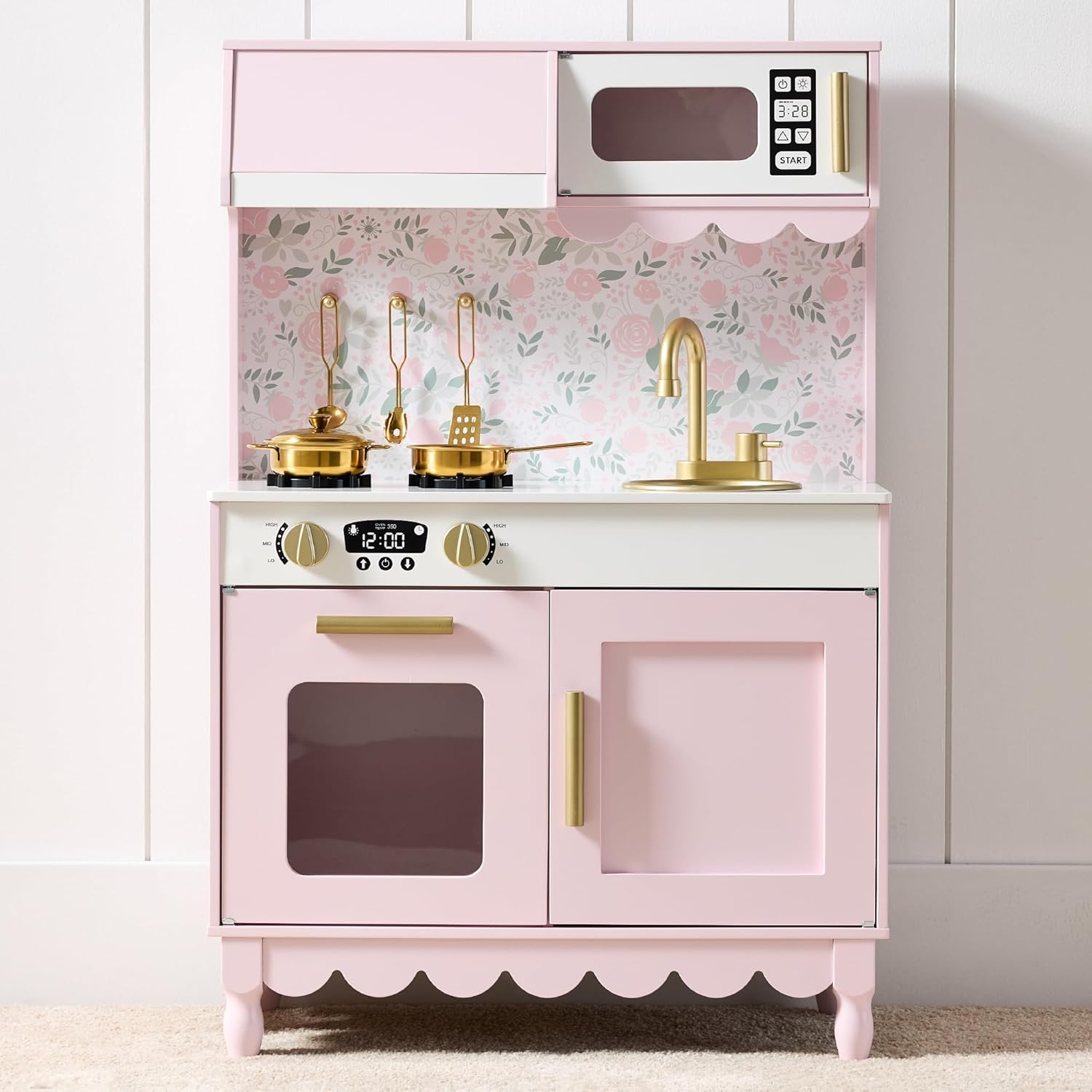 Best Choice Products Wooden Pretend Play Cottage Kitchen Kids Toy w/Storage, Scalloped Edge, 5 Accessories, Microwave, Oven, Clicking Knobs - Blue