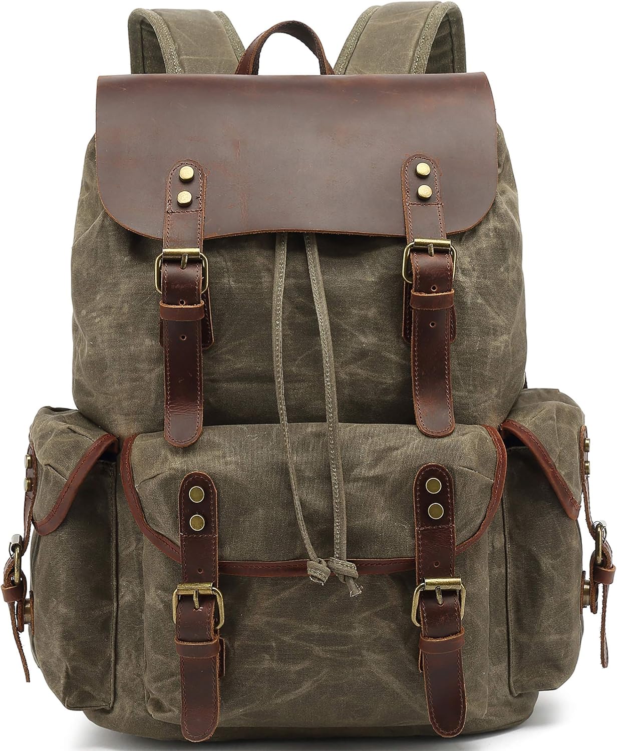 HuaChen Leather Backpack for Men Women,Vintage Travel Waxed Canvas Rucksack,Large Daypack for Laptop Bag - M80 Army Green