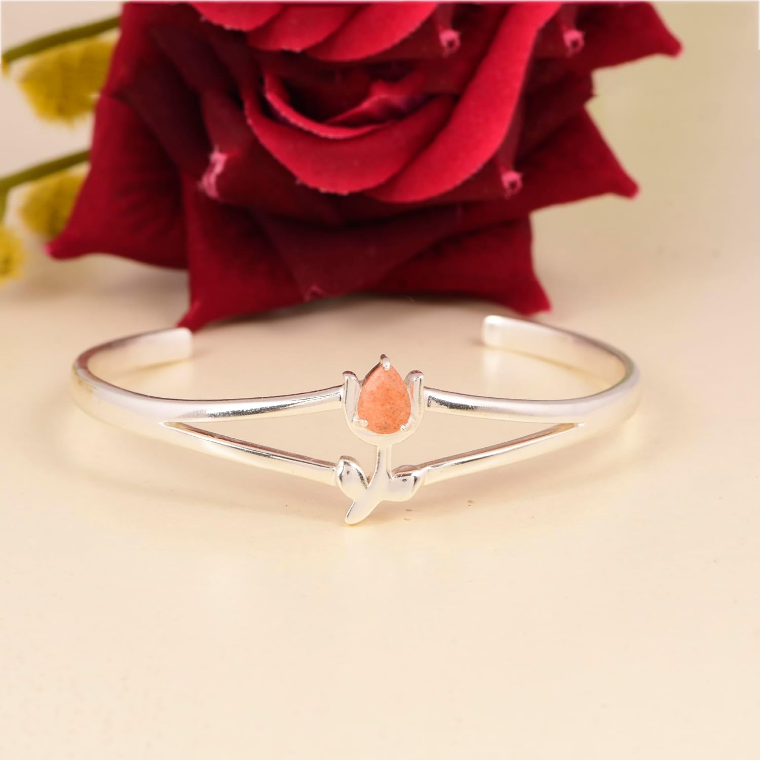 DHRUVIK CREATION 925 Sterling Silver Tulip Cuff Bracelet with Orange Sunstone, Dainty Floral Design
