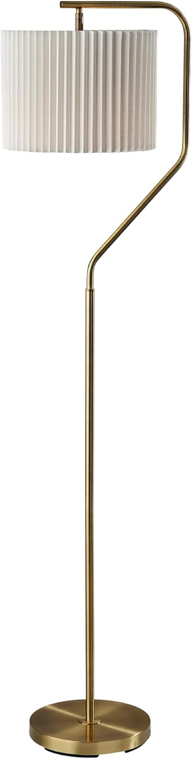 Adesso Antique Brass Floor Lamp with White Pleated Lampshade