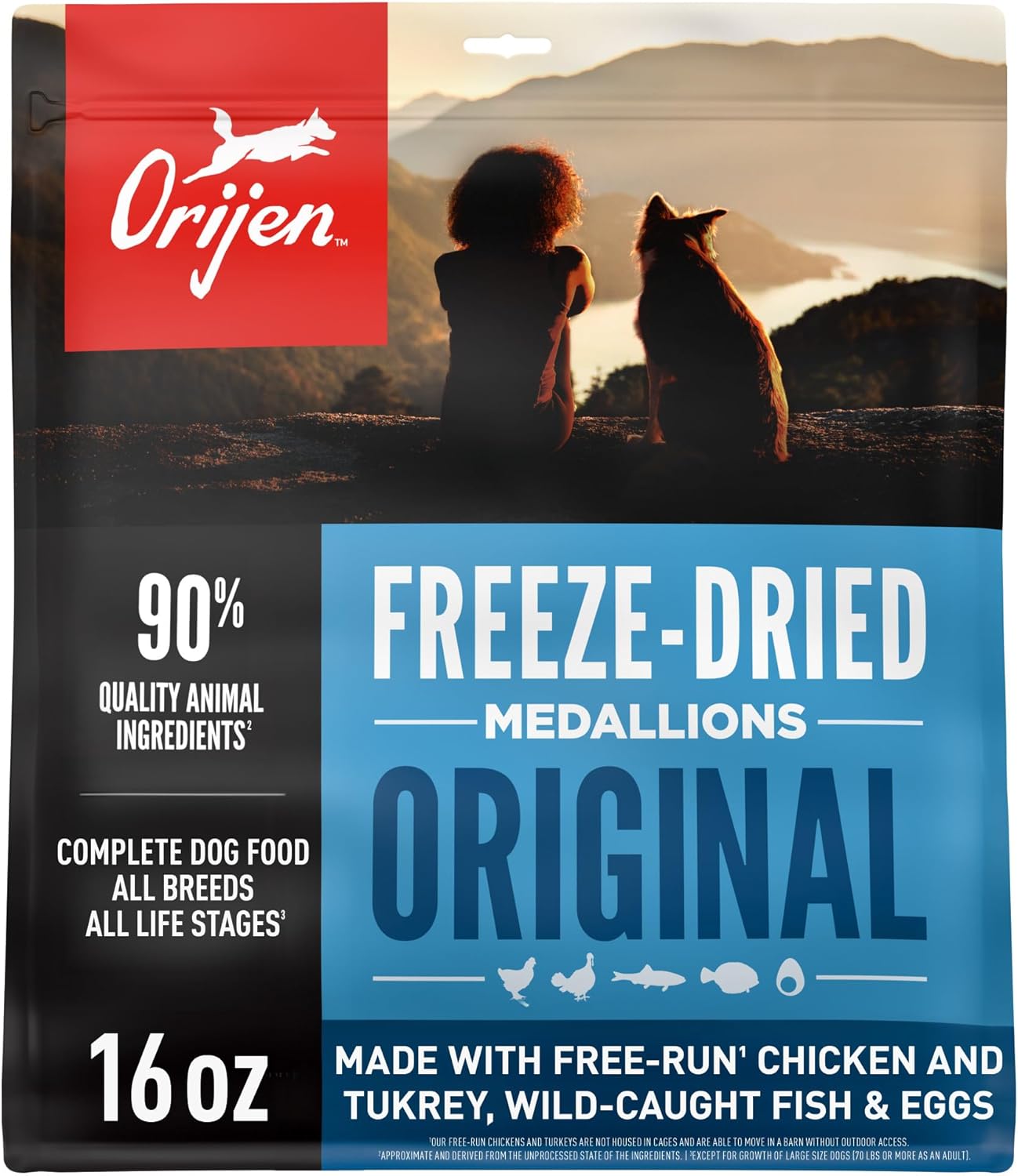 ORIJEN Grain Free High Protein Freeze Dried Dog Food & Topper Original Recipe 16oz Bag