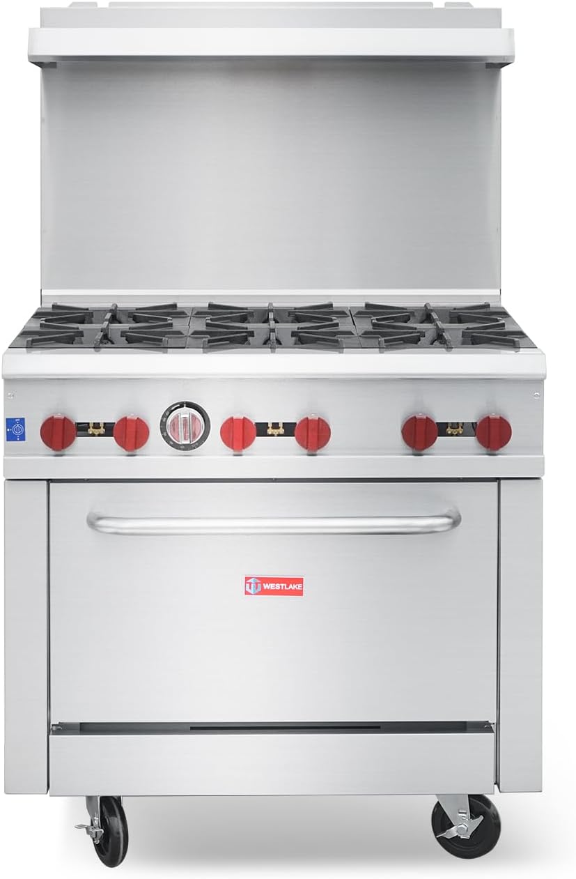 WESTLAKE 36" W Commercial Gas Range Oven Combo, 6 Burners