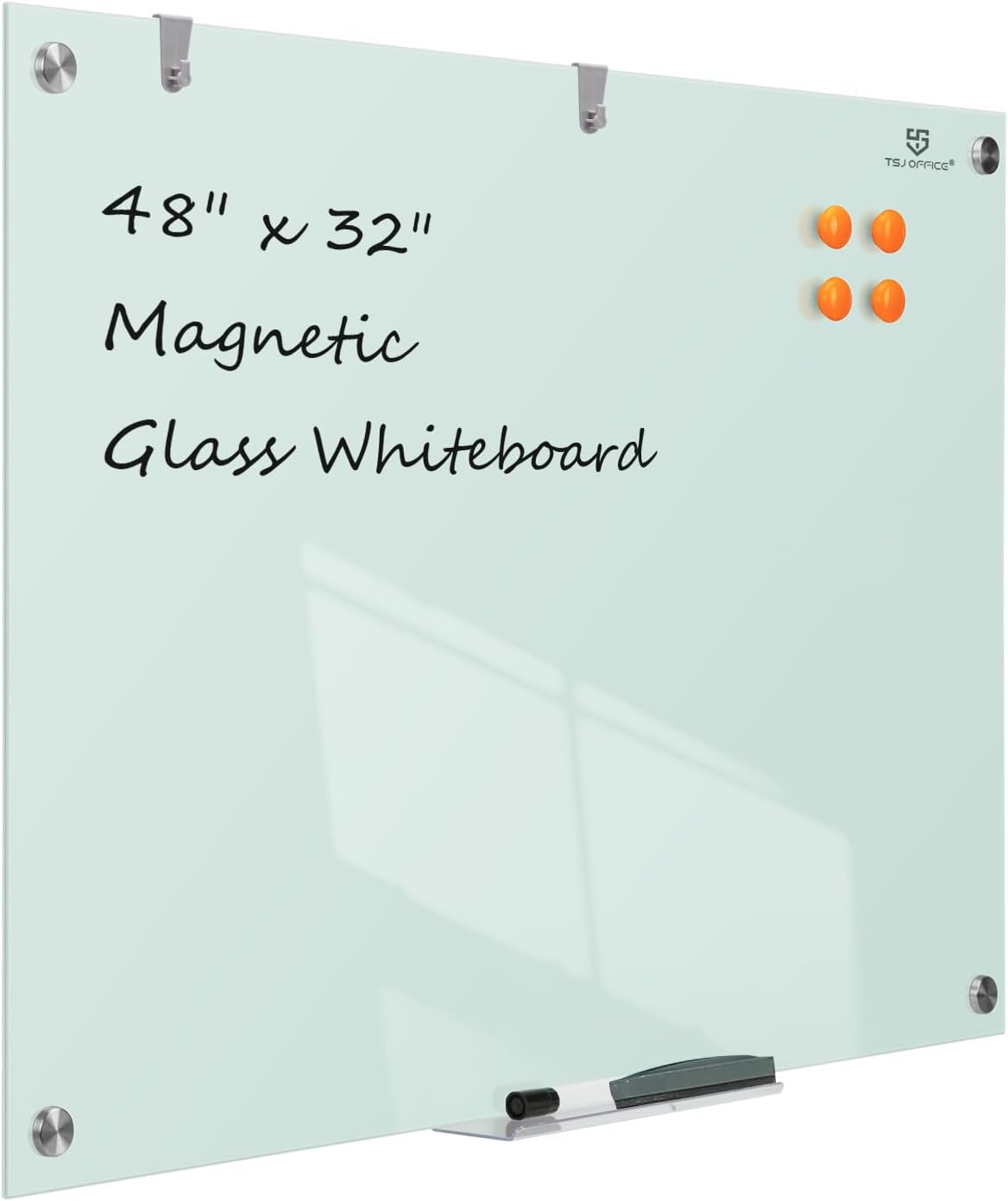 TSJ OFFICE Glass Dry-Erase Board - 48 x 32 Inches Wall Mounted Glass Magnetic Whiteboard, Large Frameless Glass White Board for Office, Home & School