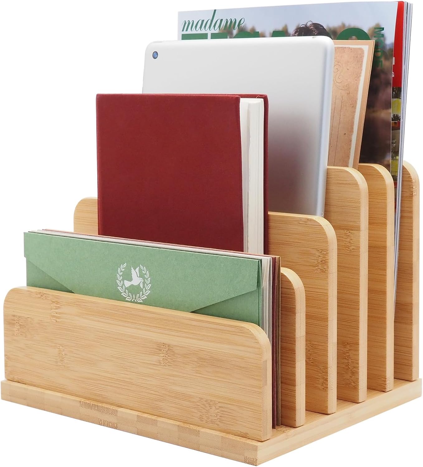 Generic bamboo brand Desk File Mail Organizer Countertop, 5 Slots Bamboo Folder Sorter